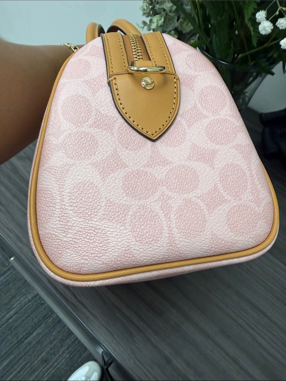 Coach Powder Pink Signature Canvas Rowan Satchel with Tan Leather Trim. Medium. - Picture 5 of 9
